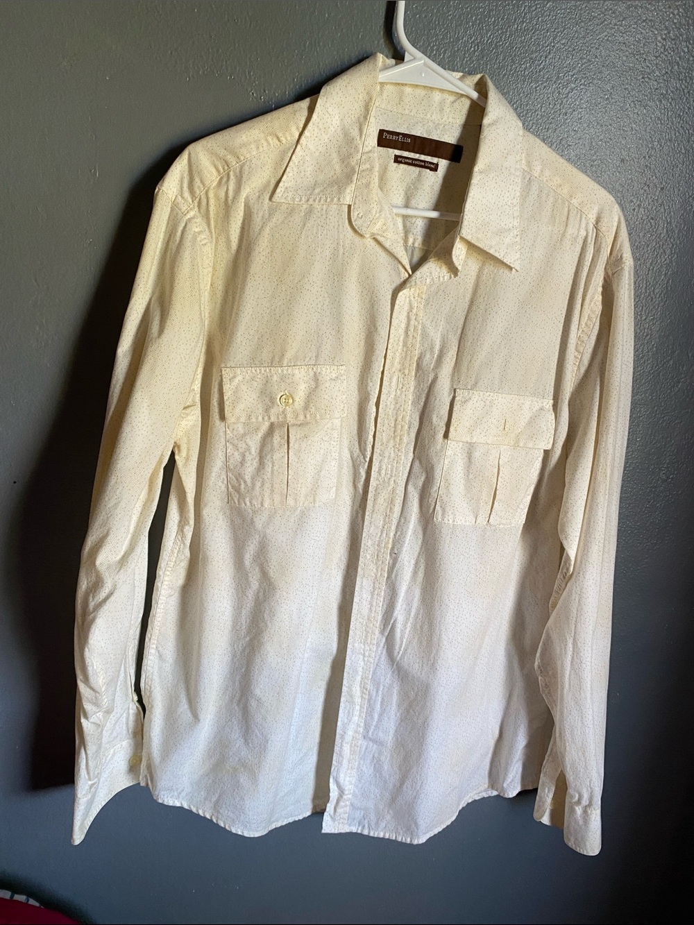 Perry Ellis Cream Button-Up Shirt with Subtle Dot Texture